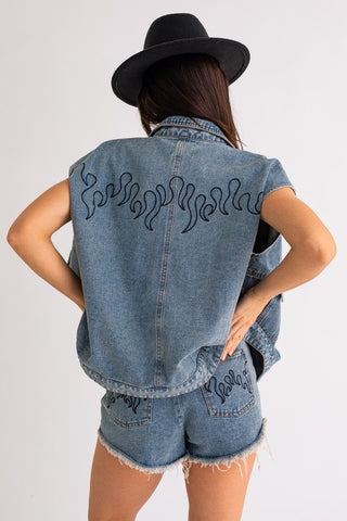 Denim Flame Embroidered Oversized Vest-FINAL SALE