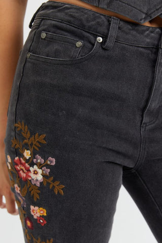 Floral Embroidered Denim Flare Pants