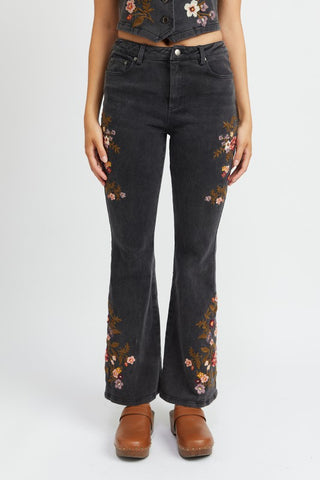 Floral Embroidered Denim Flare Pants