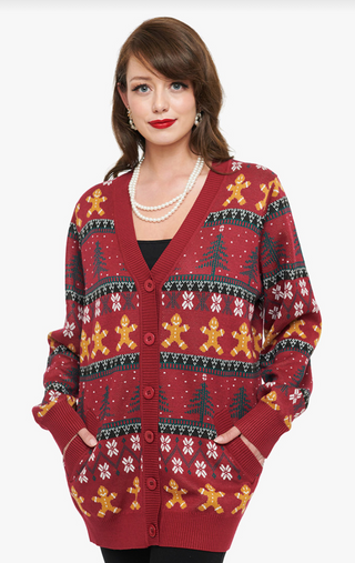 60s Christmas Gingerbread Fair Isle Print Knit Cardigan