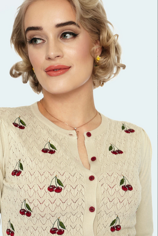 Cherry Embroidered Cardigan in Cream-FINAL SALE