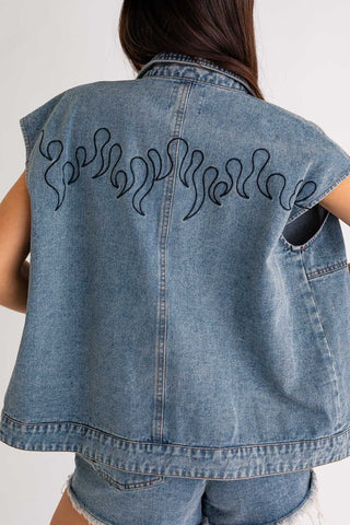 Denim Flame Embroidered Oversized Vest