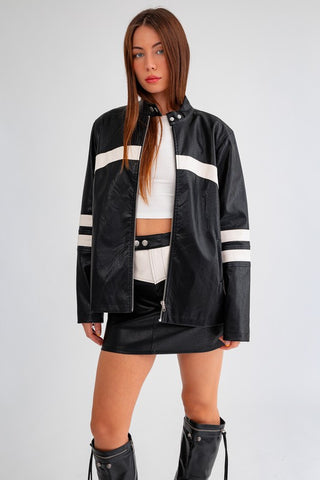 Faux Leather Racing Stripe Jacket