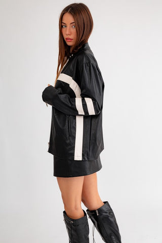 Faux Leather Racing Stripe Jacket