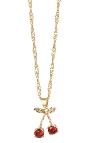 The Sweet Crystal Cherry Gold Necklace by Zad features a gold twisted chain with a pendant of two red rhinestone cherries and a green leaf—perfect as a crystal cherry necklace.