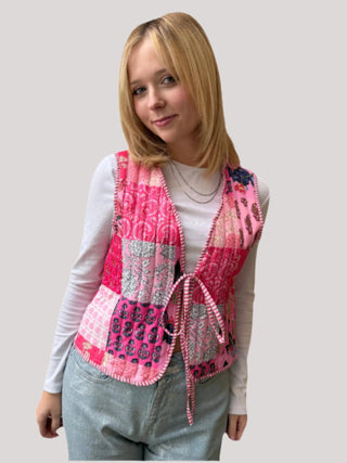 Patchwork Front Bow Quilted Vest-FINAL SALE