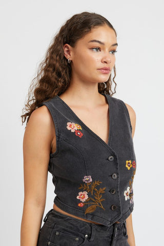 Floral Embroidered Denim Vest