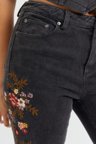 Floral Embroidered Denim Flare Pants-FINAL SALE