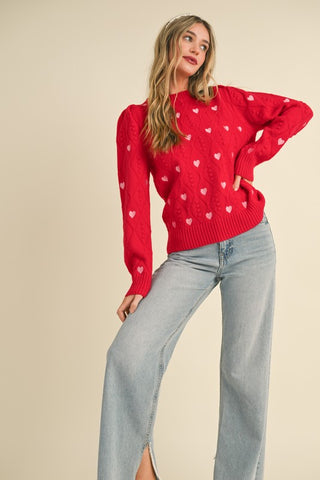 Heart Embroidered Pom Pom Knit Sweater