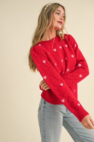 Heart Embroidered Pom Pom Knit Sweater