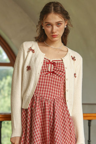 Plaid Bow Embellished Knit Cardigan