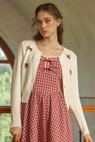 Plaid Bow Embellished Knit Cardigan