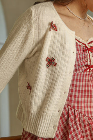 Plaid Bow Embellished Knit Cardigan