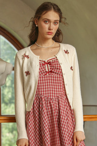 Plaid Bow Embellished Knit Cardigan