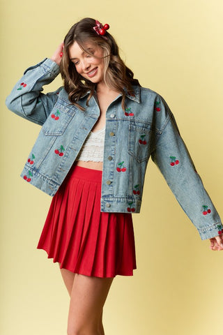 Cherry Embroidered Denim Jacket