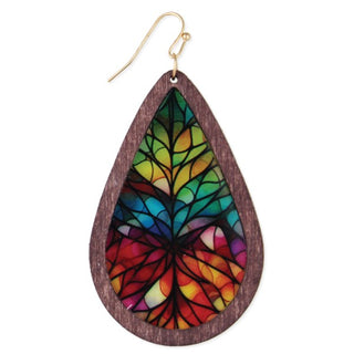 Rainbow Stained Glass Print Wood Earrings