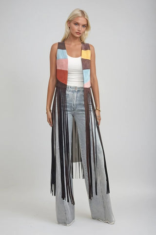 Sunrise Faux Suede Fringe Maxi Vest