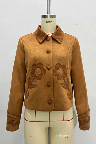 Faux Suede Embroidered Floral Cropped Jacket