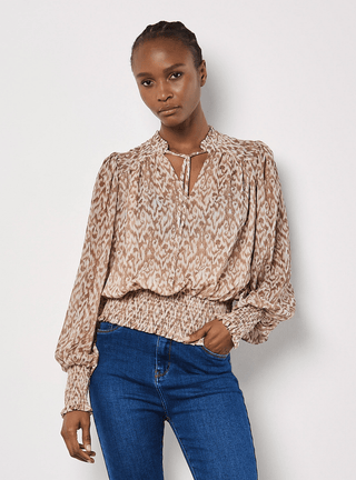 70s Ikat Swirl Shimmer Print Blouse - Sincerely Betty