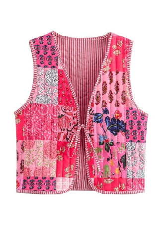 Patchwork Front Bow Quilted Vest-FINAL SALE