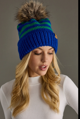 Rib Stripe Fleece Lined Knit Pom Pom Hat