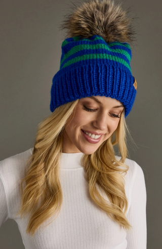 Rib Stripe Fleece Lined Knit Pom Pom Hat