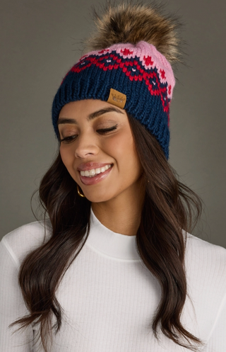 Patterned Rib Fleece Lined Knit Pom Pom Hat