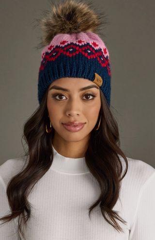 Patterned Rib Fleece Lined Knit Pom Pom Hat