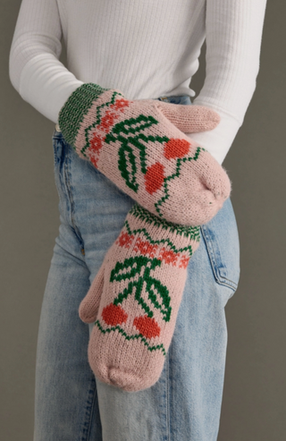 Cherry Patterned Fleece Lined Knit Mittens