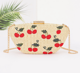 Embroidered Straw Cherry Clutch Bag