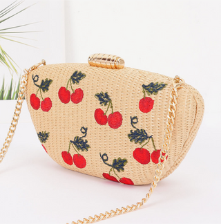Embroidered Straw Cherry Clutch Bag