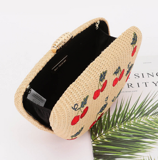 Embroidered Straw Cherry Clutch Bag