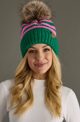 Rib Stripe Fleece Lined Knit Pom Pom Hat