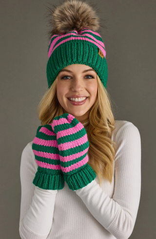 Rib Stripe Fleece Lined Knit Pom Pom Hat