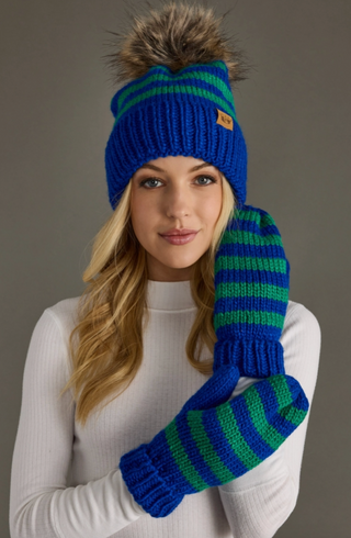 Rib Stripe Fleece Lined Knit Pom Pom Hat