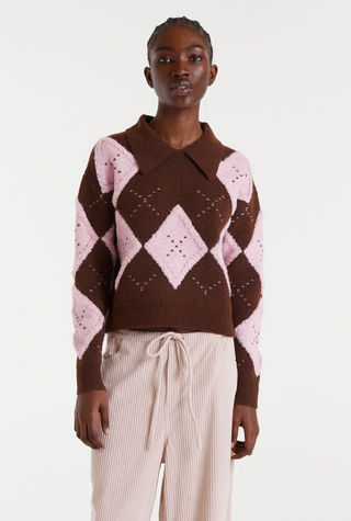 Diamond-Stitch Argyle Collar Knit Sweater