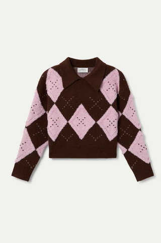 Diamond-Stitch Argyle Collar Knit Sweater