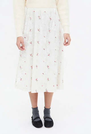 Floral Embroidered Velvet Midi Skirt