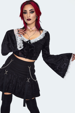 Velvet Flare Sleeve Crop Top with Lace Trim