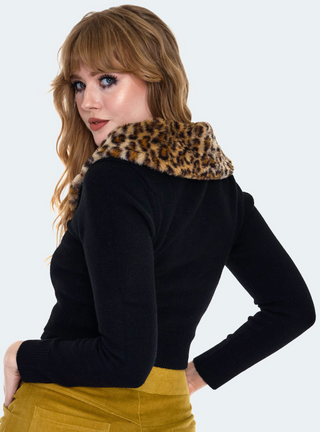 Retro Leopard Faux Fur Collar Crop Cardigan