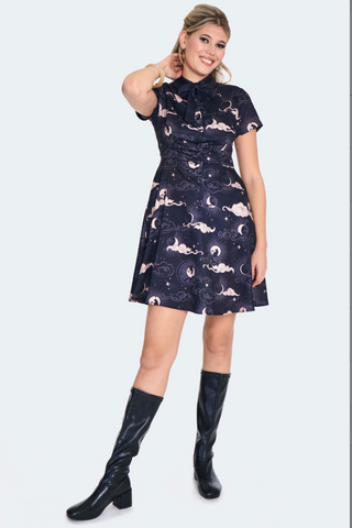 Moon Phases Cat Print Skater Dress-FINAL SALE