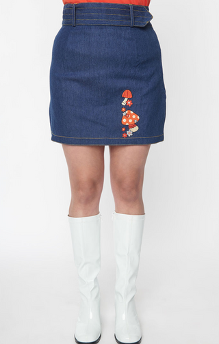 Mushroom Embroidered Denim Belted Mini Skirt