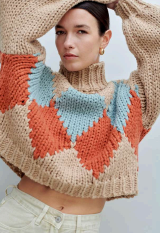 Hand-Knit Argyle Turtleneck Sweater