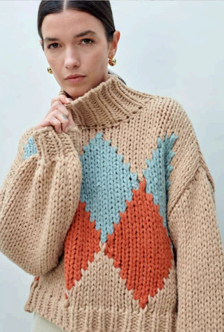 Hand-Knit Argyle Turtleneck Sweater
