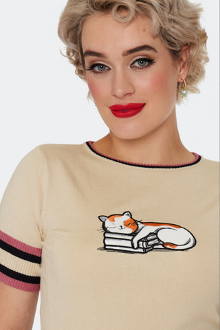 Sleepy Cat On A Book Knit Top