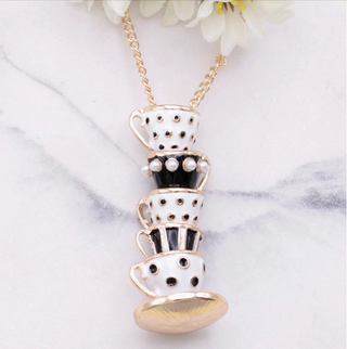 Black Mad Hatter Stacked Teacup Gold Necklace