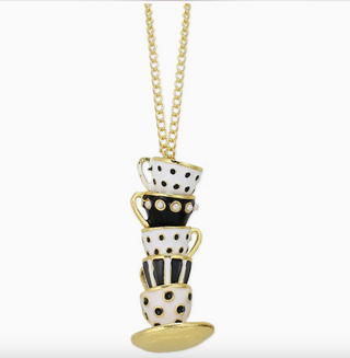 Black Mad Hatter Stacked Teacup Gold Necklace