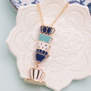 Blue Mad Hatter Stacked Teacup Gold Necklace