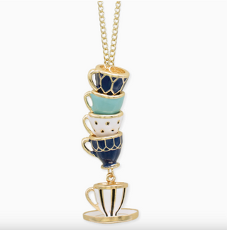 Blue Mad Hatter Stacked Teacup Gold Necklace