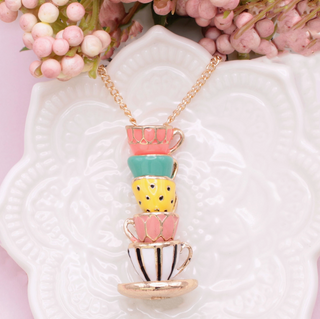Pastel Mad Hatter Stacked Teacup Gold Necklace